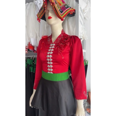 Áo cóm cổ đứng V lụa mềm đỏ đô nẹp đỏ tay dài in đá hoa đôi đỏ rễ cây giá 450.000đ