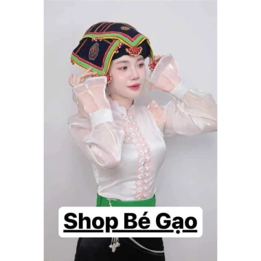 Áo cóm cổ sóng phi bóng trắng nẹp hồng, riềm tay tơ dài xoè - Dân tộc Thái, giảm còn 250k