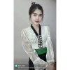 Áo cóm cổ V lụa mềm trắng nẹp đen tay tơ dài xoè hoa lấp lánh - Giá chỉ 350k 2