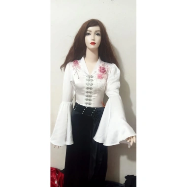 Áo cóm cổ V lụa mềm trắng nẹp tay xoè hoa đôi hồng - Áo dân tộc Thái giá 350.000đ 6