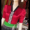 Áo cóm cổ V phi bóng đỏ đô nẹp đen tay bồng - Phong cách dân tộc Thái, giảm còn 250k