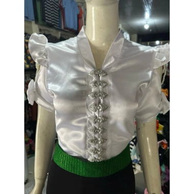 Áo cóm cổ V phi bóng tay nơ dây ngọc - Thiết kế dân tộc Thái, giảm giá 250k 4