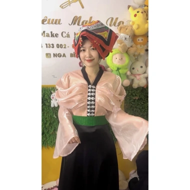 Áo cóm cổ V tơ hồng cam nẹp đen 2 cánh bươm tay dài xoè Giá ưu đãi 300.000 VND
