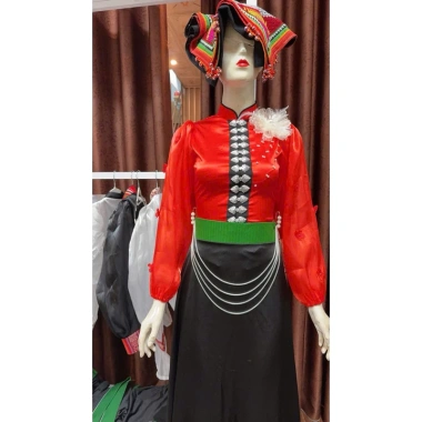 Áo cóm đỏ tươi tơ chun, hoa lông gà ngọc hoa Dân tộc Thái, giá 270.000 VND