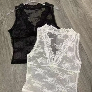 Áo Crop Top Backstreet ren viền cổ chữ V thêu hoa lưới không tay gợi cảm mùa hè 4