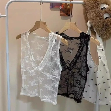Áo Crop Top Backstreet ren viền cổ chữ V thêu hoa lưới không tay gợi cảm mùa hè 6
