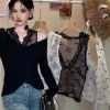 Áo Crop Top Backstreet ren viền cổ chữ V thêu hoa lưới không tay gợi cảm mùa hè 9