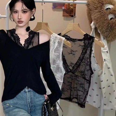 Áo Crop Top Backstreet ren viền cổ chữ V thêu hoa lưới không tay gợi cảm mùa hè 9