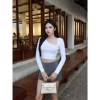 Ao Croptop Khoét Lệch Vai Tay Dài Lộ Xương Quai Xanh Siết Eo Tặng Dây Chuyền Khi Mua 2 3