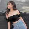 Áo croptop trễ vai ôm body tay ngắn phối bèo thun tăm - Poone Shop, kèm quà tặng dây chuyền thời trang