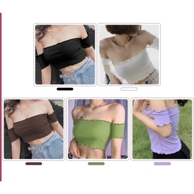 Áo croptop trễ vai ôm body tay ngắn phối bèo thun tăm - Poone Shop, kèm quà tặng dây chuyền thời trang