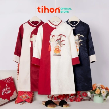 Áo dài bé trai TIHON cao cấp gấm nhung chéo mềm mại, họa tiết in thêu sắc nét - Giá chỉ 247.000₫