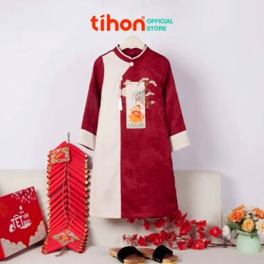 Áo dài bé trai TIHON cao cấp gấm nhung chéo mềm mại, họa tiết in thêu sắc nét - Giá chỉ 247.000₫