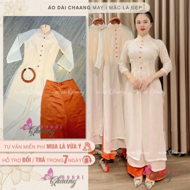 Áo Dài Cách Tân Nữ 4 Tà Xẻ Đính Hoa Cúc Lụa Tơ Da Hồng Gạch Cổ Vuông Tay Lỡ Dự Tiệc Lễ Tết 2