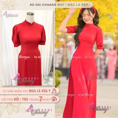 Áo Dài Cách Tân Nữ Đỏ Xinh Thiết Tay Bồng Măng Séc - Đồ Dự Tiệc Lễ Tết Nổi Bật