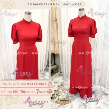 Áo Dài Cách Tân Nữ Đỏ Xinh Thiết Tay Bồng Măng Séc - Đồ Dự Tiệc Lễ Tết Nổi Bật