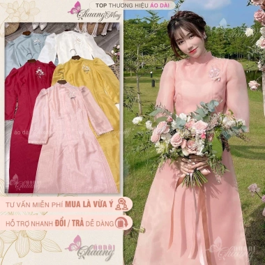 Áo dài cách tân nữ Uyển Thy Chaang May sẵn lụa tơ 4 tà lệch họa tiết ngọc đẹp dự tiệc lễ tết ADC088
