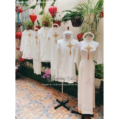 Áo dài cặp đôi Chaang May vải gấm họa tiết đồng tiền - Thiết kế sang trọng, đẹp cho tiệc cưới lễ tết ADC125, chất liệu cao cấp, giá ưu đãi