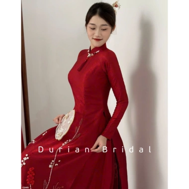 Áo Dài Đính Hôn Cô Dâu Đỏ Trắng Durian Cổ V 2cm Tay Dài Giá Ưu Đãi 875k