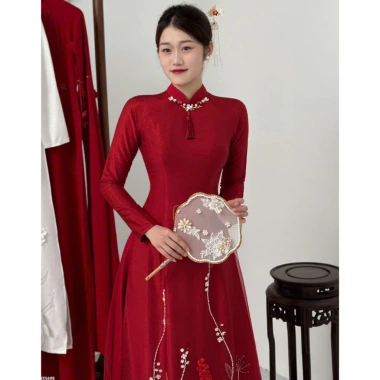 Áo Dài Đính Hôn Cô Dâu Đỏ Trắng Durian Cổ V 2cm Tay Dài Giá Ưu Đãi 875k