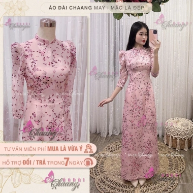 Áo dài hoa nhí tay bồng 4 tà vai phồng - Vải lụa tơ ép đẹp, may sẵn, giá chỉ 414.818₫, ưu đãi lễ hội