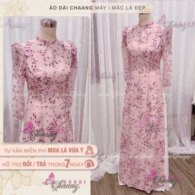 Áo dài hoa nhí tay bồng 4 tà vai phồng - Vải lụa tơ ép đẹp, may sẵn, giá chỉ 414.818₫, ưu đãi lễ hội