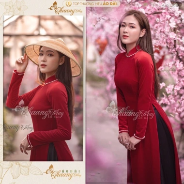 Áo dài nhung đính đá ngọc Chaang ADC545 – May sẵn, vải co giãn sang trọng lễ tết