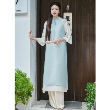 Áo dài nữ cách tân dáng suông chất crep mềm mại, tay lơ 2 màu hồng xanh – Giá 380k