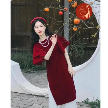 Áo dài nữ cách tân nhung cổ tròn, tay loe cánh tiên hai lớp - Siêu xinh, giá 300k