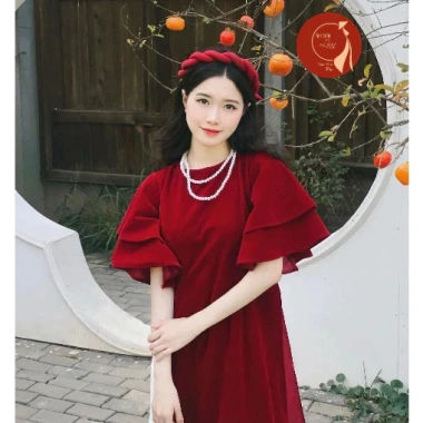 Áo dài nữ cách tân nhung cổ tròn, tay loe cánh tiên hai lớp - Siêu xinh, giá 300k