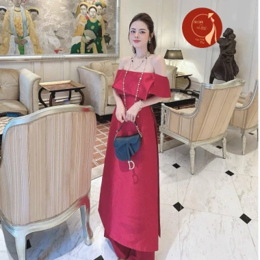 Áo dài nữ cách tân thiết kế bẹt vai màu đỏ đô sang trọng - Siêu sang, may sẵn, giảm giá 430k