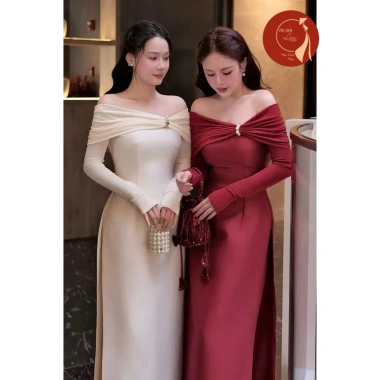Áo dài Nữ cách tân trễ vai tay dài phối ngọc siêu xinh - Giá chỉ 415.000₫