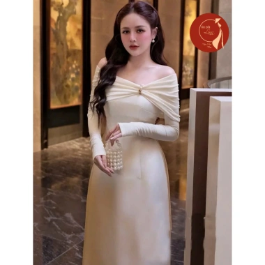 Áo dài Nữ cách tân trễ vai tay dài phối ngọc siêu xinh - Giá chỉ 415.000₫