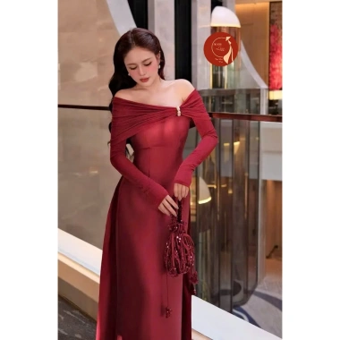 Áo dài Nữ cách tân trễ vai tay dài phối ngọc siêu xinh - Giá chỉ 415.000₫