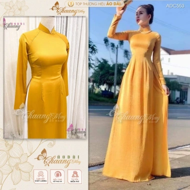 Áo Dài Truyền Thống Chaang May Sẵn Lụa Vàng Đồng Co Giãn 4 Chiều Dự Tiệc