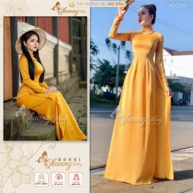 Áo Dài Truyền Thống Chaang May Sẵn Lụa Vàng Đồng Co Giãn 4 Chiều Dự Tiệc