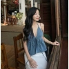 Áo hai dây cột cổ tiểu thư mút chun sau, form xoè, linen thoáng mát, 155k
