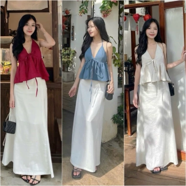 Áo hai dây cột cổ tiểu thư mút chun sau, form xoè, linen thoáng mát, 155k 2