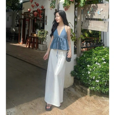 Áo hai dây cột cổ tiểu thư mút chun sau, form xoè, linen thoáng mát, 155k 3