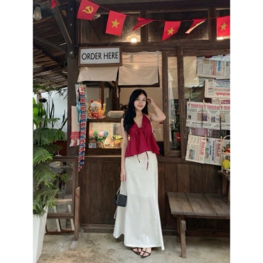 Áo hai dây cột cổ tiểu thư mút chun sau, form xoè, linen thoáng mát, 155k 4
