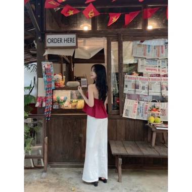 Áo hai dây cột cổ tiểu thư mút chun sau, form xoè, linen thoáng mát, 155k 6