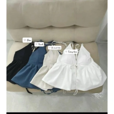 Áo hai dây cột cổ tiểu thư mút chun sau, form xoè, linen thoáng mát, 155k 9