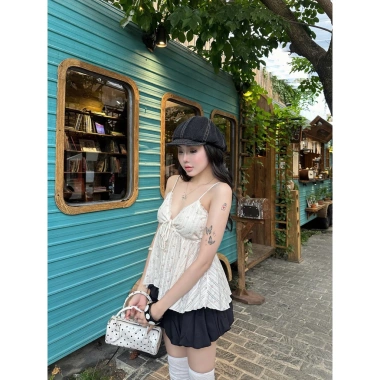 Áo hai dây ren trắng Babydoll hoa nhí nơ rút ngực - Gợi cảm tinh tế, giá 350k