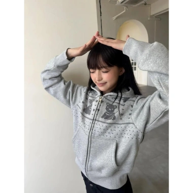 Áo Khoác Cardigan Nữ Retro Họa Tiết Gấu Nhỏ với Mũ Trùm Đầu, Ấm Cho Thu Đông