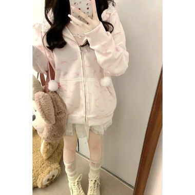 Áo khoác hoodie F&X hoa hồng nữ tính, nơ nhẹ, phong cách Nhật Bản mùa thu đông