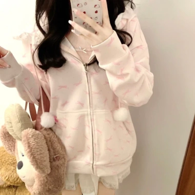 Áo khoác hoodie F&X hoa hồng nữ tính, nơ nhẹ, phong cách Nhật Bản mùa thu đông