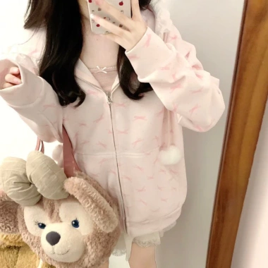 Áo khoác hoodie F&X hoa hồng nữ tính, nơ nhẹ, phong cách Nhật Bản mùa thu đông