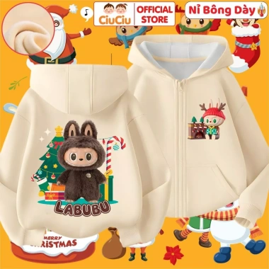 Áo khoác nỉ hoodie lót bông Noel Labubu cho bé trai, bé gái CIUCIU KID vải co dãn mềm ấm giữ nhiệt 4