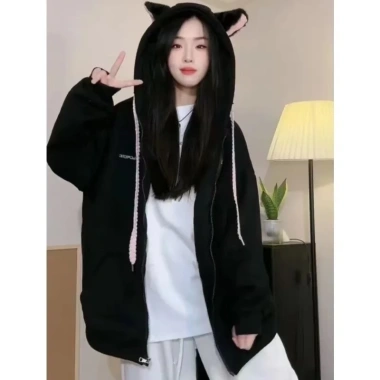 Áo khoác nữ thu đông Hàn Quốc lông cừu, lông tai, mũ trùm đầu - Siêu dễ thương