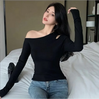 Áo lệch vai form dài vải gân tăm lụa cao cấp, size 38-80kg, giá 97.999đ, tặng dây chuyền 2sp 7